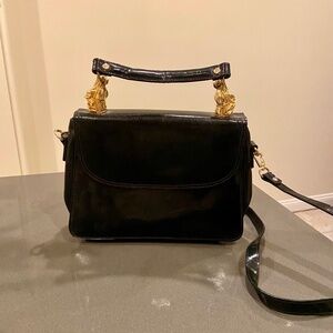 Rare Vintage 90s Sasha Black Leather Purse with Gold-Tone Horse Head Handle
